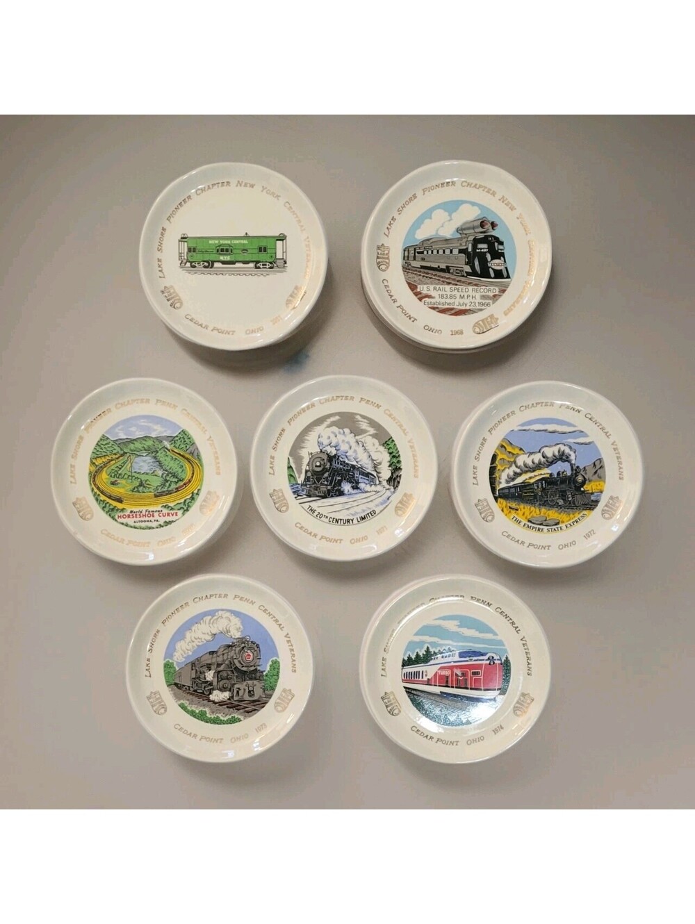 Vtg Lake Shore Pioneer Chapter New York/Penn Central Cedar Point Plates-Lot of 7